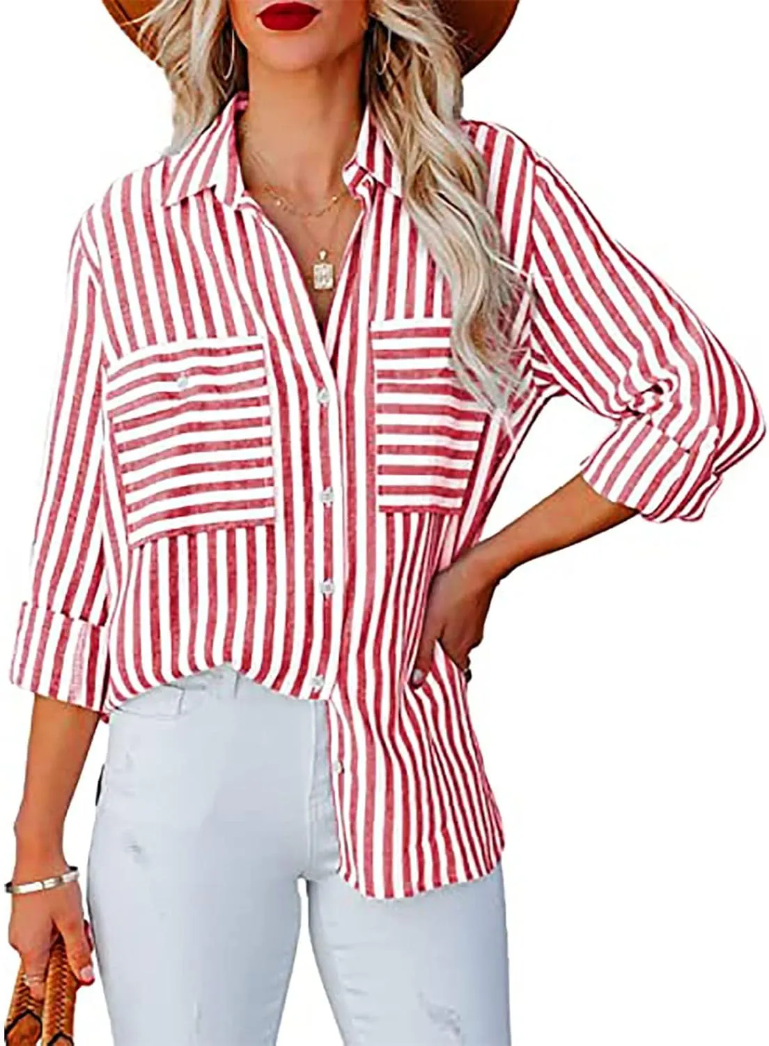 Women Striped Button Down Shirts Long Sleeve Dressy Casual Business Casual Work Tops Collared Front Pocket Blouses