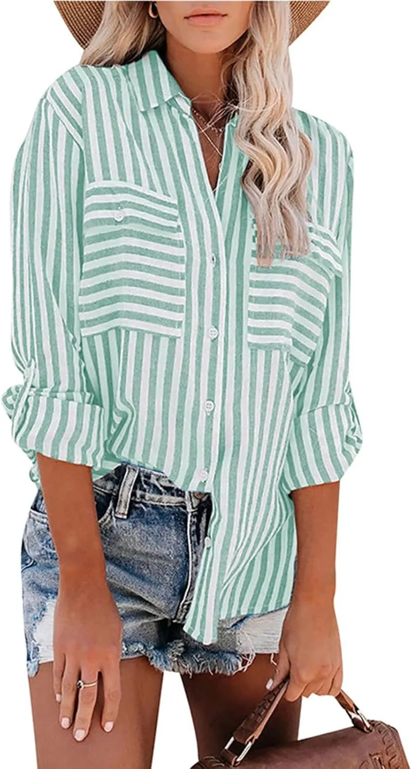 Women Striped Button Down Shirts Long Sleeve Dressy Casual Business Casual Work Tops Collared Front Pocket Blouses