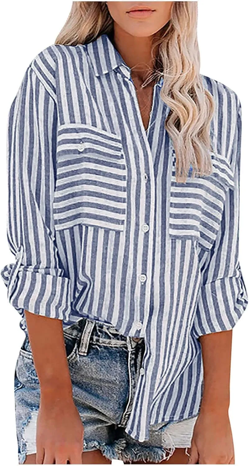 Women Striped Button Down Shirts Long Sleeve Dressy Casual Business Casual Work Tops Collared Front Pocket Blouses