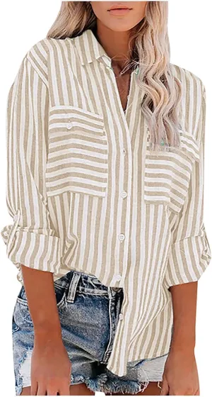 Women Striped Button Down Shirts Long Sleeve Dressy Casual Business Casual Work Tops Collared Front Pocket Blouses