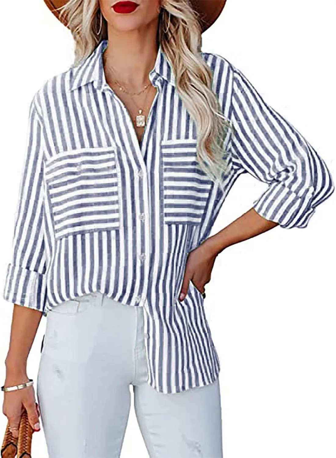 Women Striped Button Down Shirts Long Sleeve Dressy Casual Business Casual Work Tops Collared Front Pocket Blouses