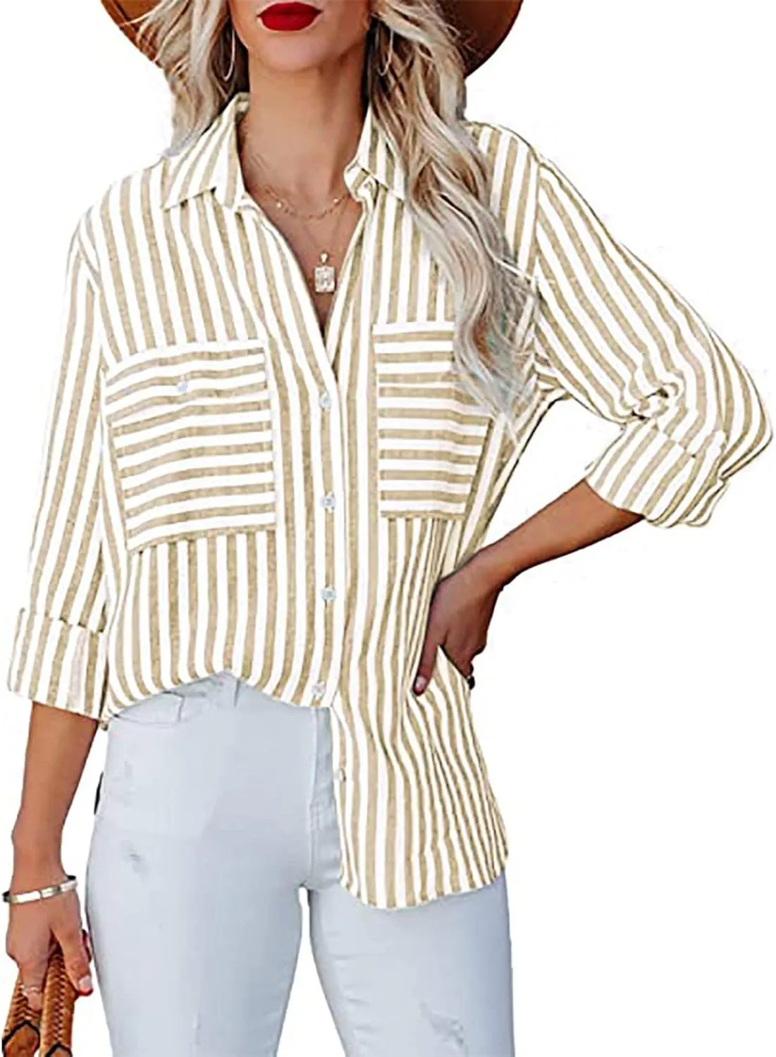 Women Striped Button Down Shirts Long Sleeve Dressy Casual Business Casual Work Tops Collared Front Pocket Blouses