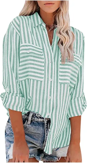Women Striped Button Down Shirts Long Sleeve Dressy Casual Business Casual Work Tops Collared Front Pocket Blouses