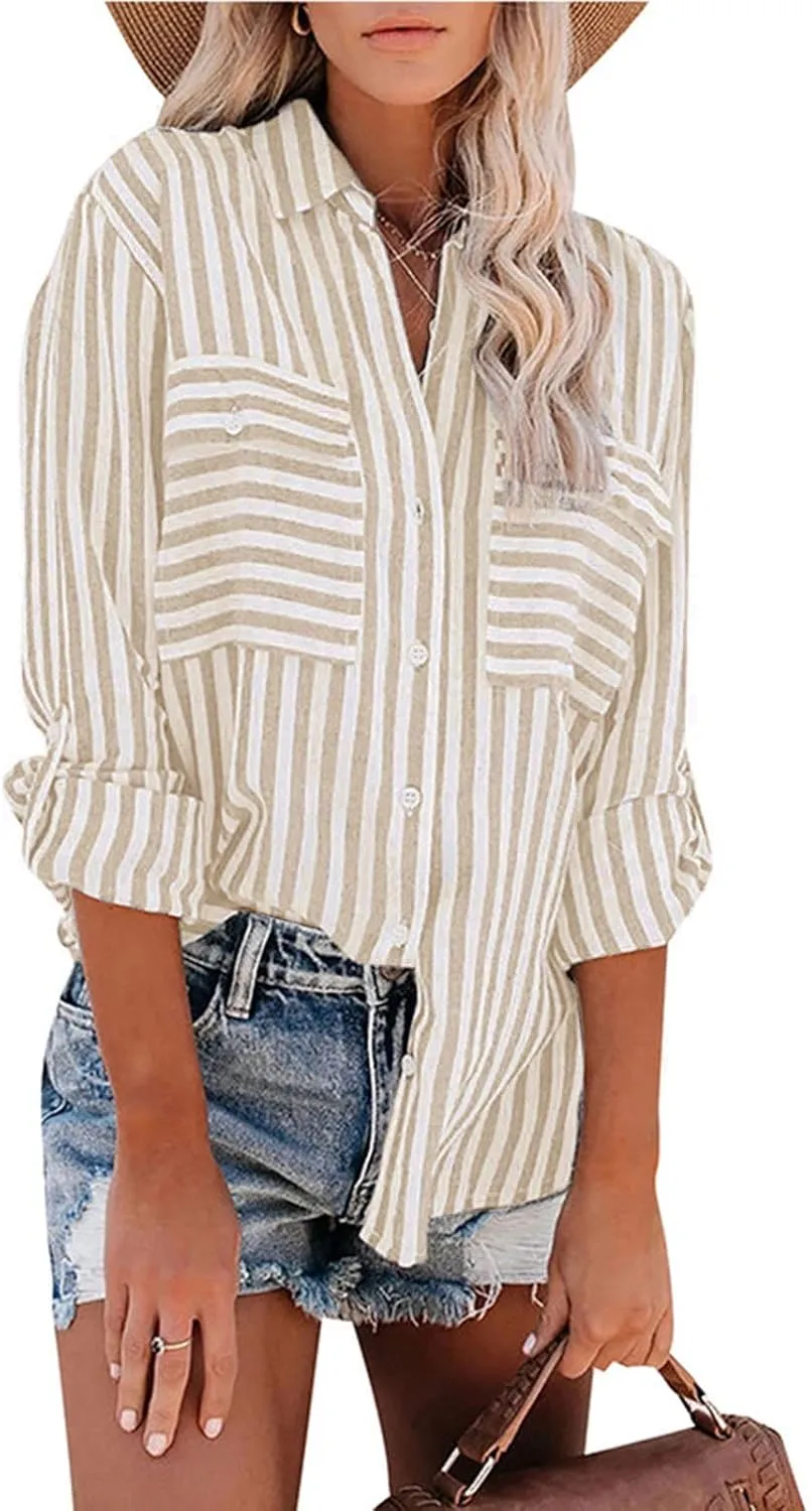 Women Striped Button Down Shirts Long Sleeve Dressy Casual Business Casual Work Tops Collared Front Pocket Blouses