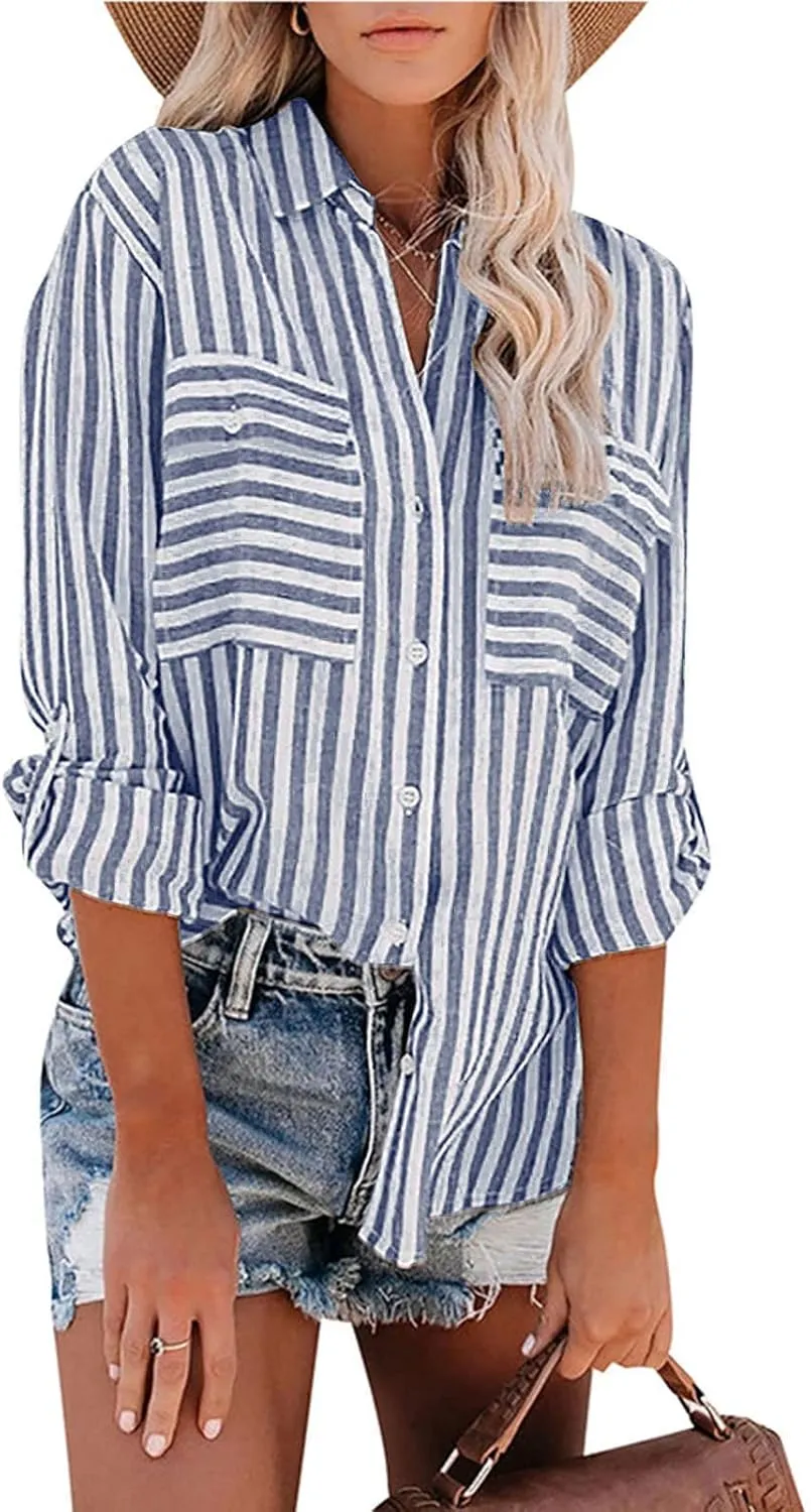 Women Striped Button Down Shirts Long Sleeve Dressy Casual Business Casual Work Tops Collared Front Pocket Blouses