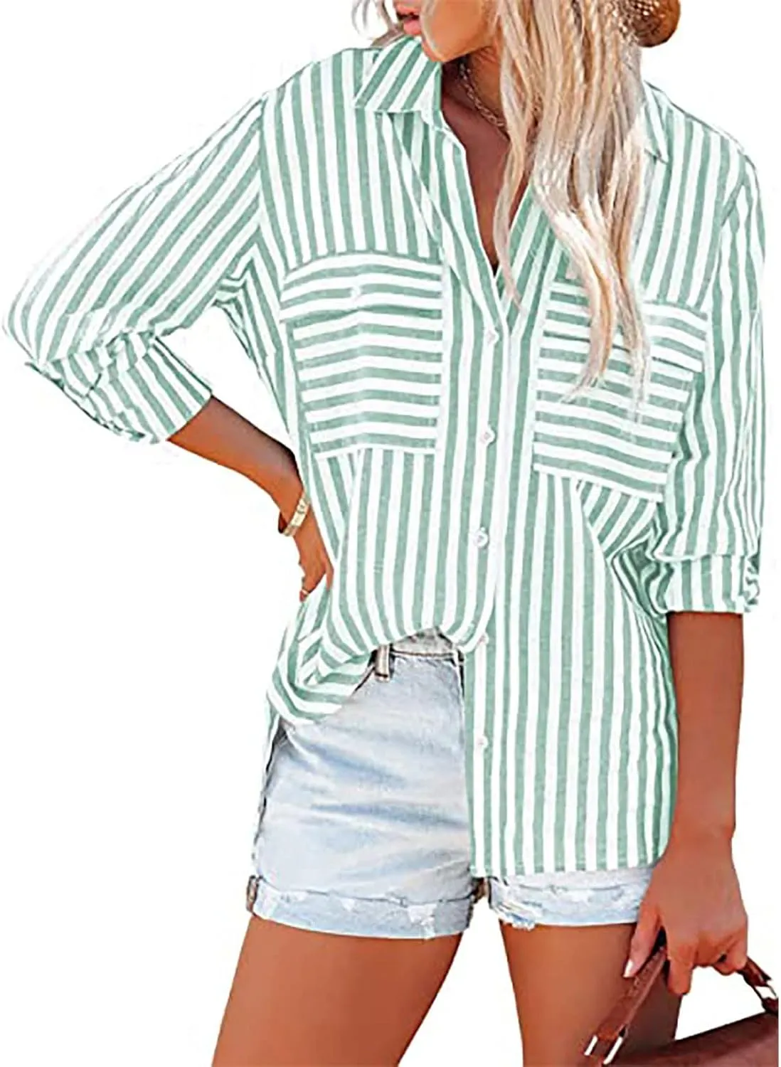 Women Striped Button Down Shirts Long Sleeve Dressy Casual Business Casual Work Tops Collared Front Pocket Blouses