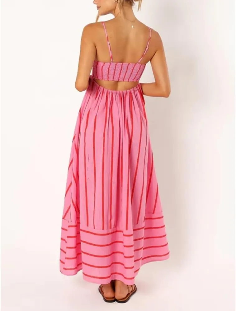 Women Striped Maxi Dress Sleeveless Backless Cutout Smocked Sundress Spaghetti Straps Boho Flowy Dresses