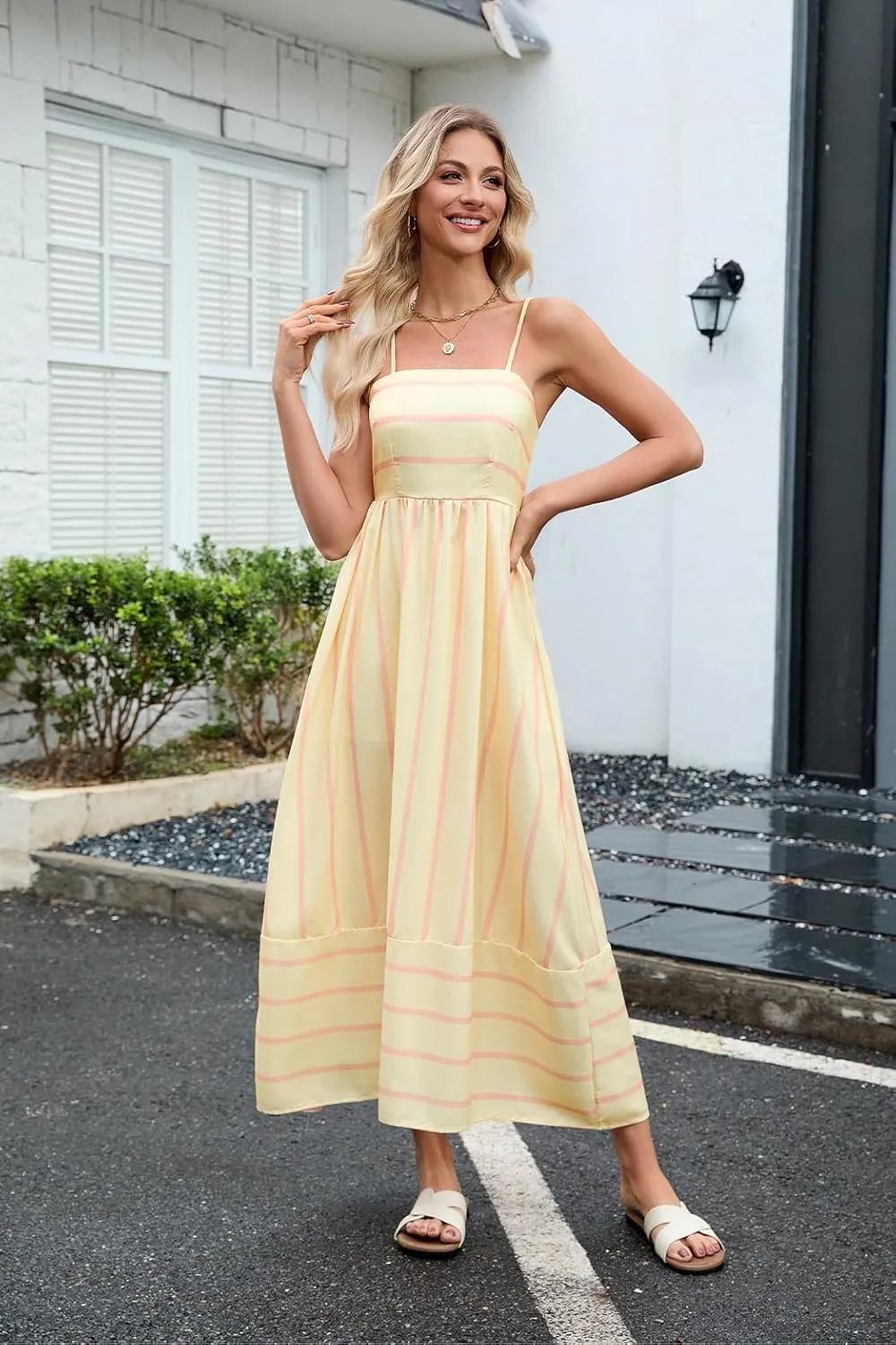 Women Striped Maxi Dress Sleeveless Backless Cutout Smocked Sundress Spaghetti Straps Boho Flowy Dresses