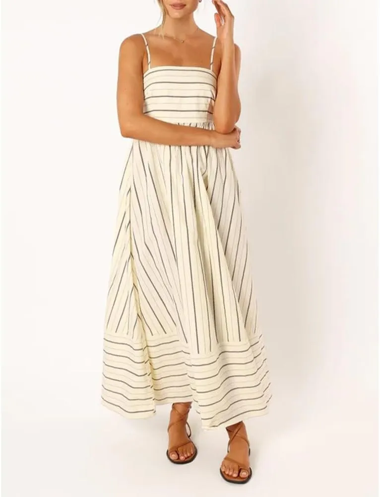 Women Striped Maxi Dress Sleeveless Backless Cutout Smocked Sundress Spaghetti Straps Boho Flowy Dresses
