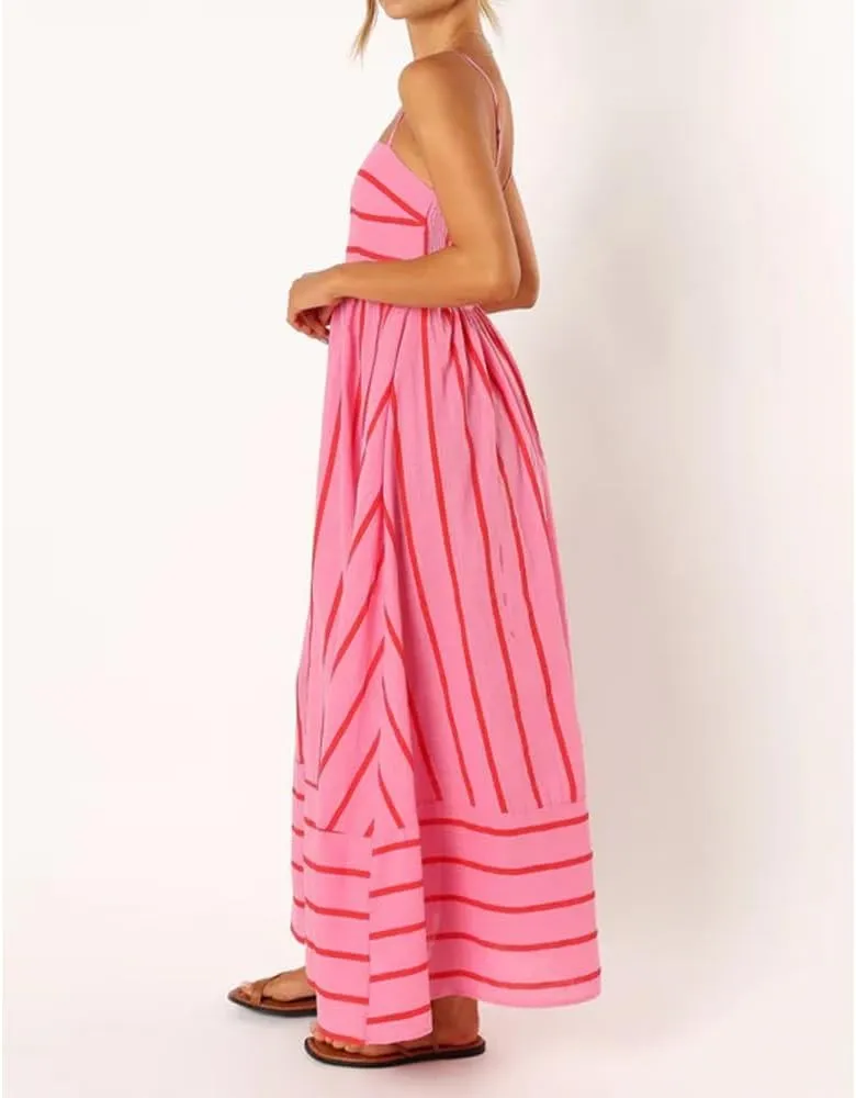 Women Striped Maxi Dress Sleeveless Backless Cutout Smocked Sundress Spaghetti Straps Boho Flowy Dresses