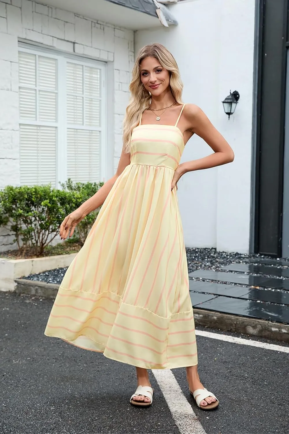 Women Striped Maxi Dress Sleeveless Backless Cutout Smocked Sundress Spaghetti Straps Boho Flowy Dresses