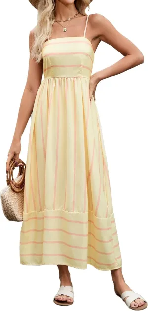 Women Striped Maxi Dress Sleeveless Backless Cutout Smocked Sundress Spaghetti Straps Boho Flowy Dresses