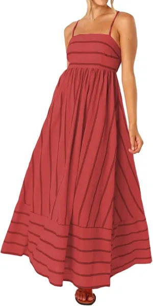 Women Striped Maxi Dress Sleeveless Backless Cutout Smocked Sundress Spaghetti Straps Boho Flowy Dresses