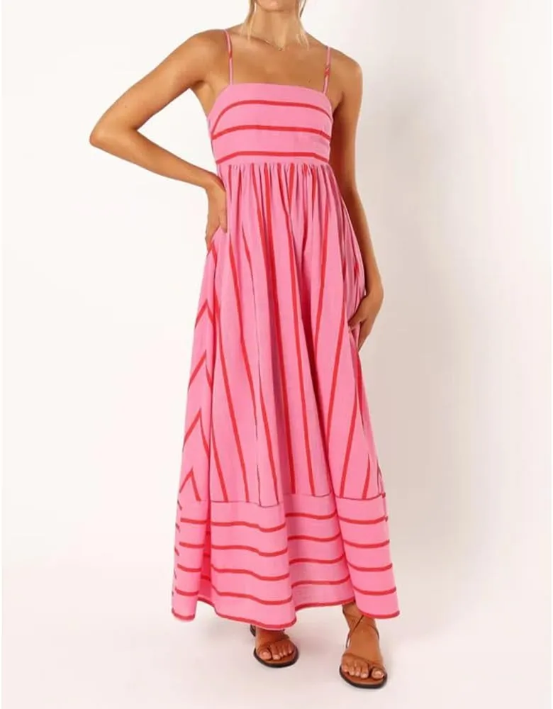 Women Striped Maxi Dress Sleeveless Backless Cutout Smocked Sundress Spaghetti Straps Boho Flowy Dresses