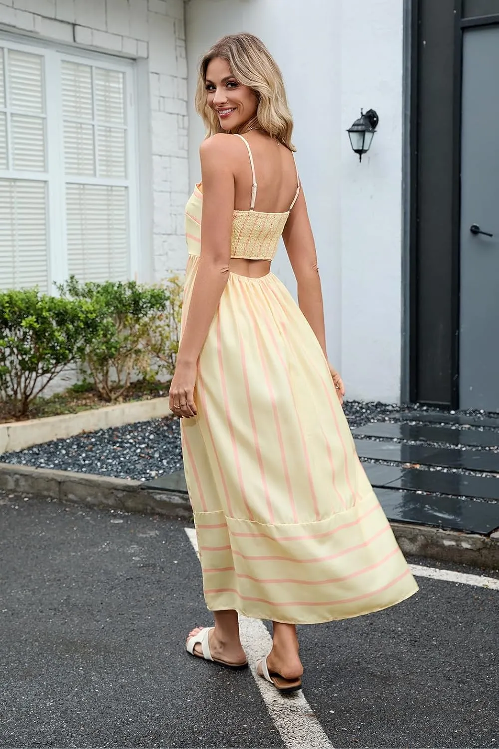 Women Striped Maxi Dress Sleeveless Backless Cutout Smocked Sundress Spaghetti Straps Boho Flowy Dresses
