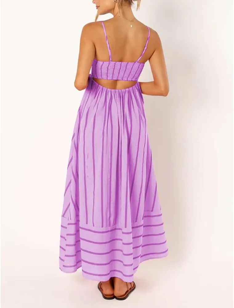 Women Striped Maxi Dress Sleeveless Backless Cutout Smocked Sundress Spaghetti Straps Boho Flowy Dresses