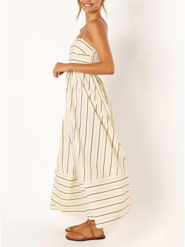 Women Striped Maxi Dress Sleeveless Backless Cutout Smocked Sundress Spaghetti Straps Boho Flowy Dresses