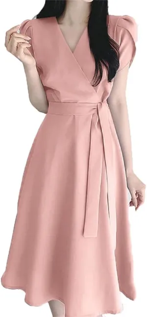 Women Summer Elegant Short Sleeve Dress Fashion Casual Solid A-Line Party Vacation Dress