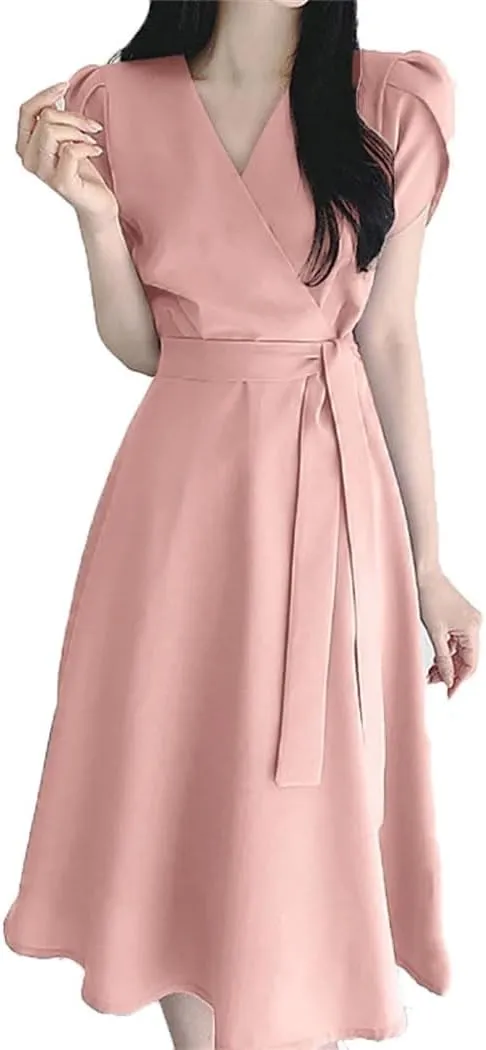 Women Summer Elegant Short Sleeve Dress Fashion Casual Solid A-Line Party Vacation Dress