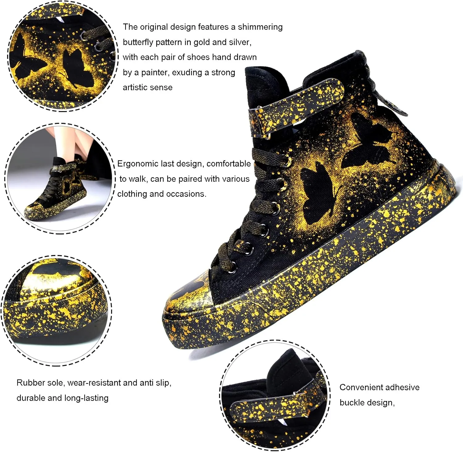 Women's Butterfly Pattern Sneakers Hand-Painted Fashion High Top Casual Lace Up Outdoor Shoes with Hook-and-Loop All-Season Comfort Easy Wear Shoes