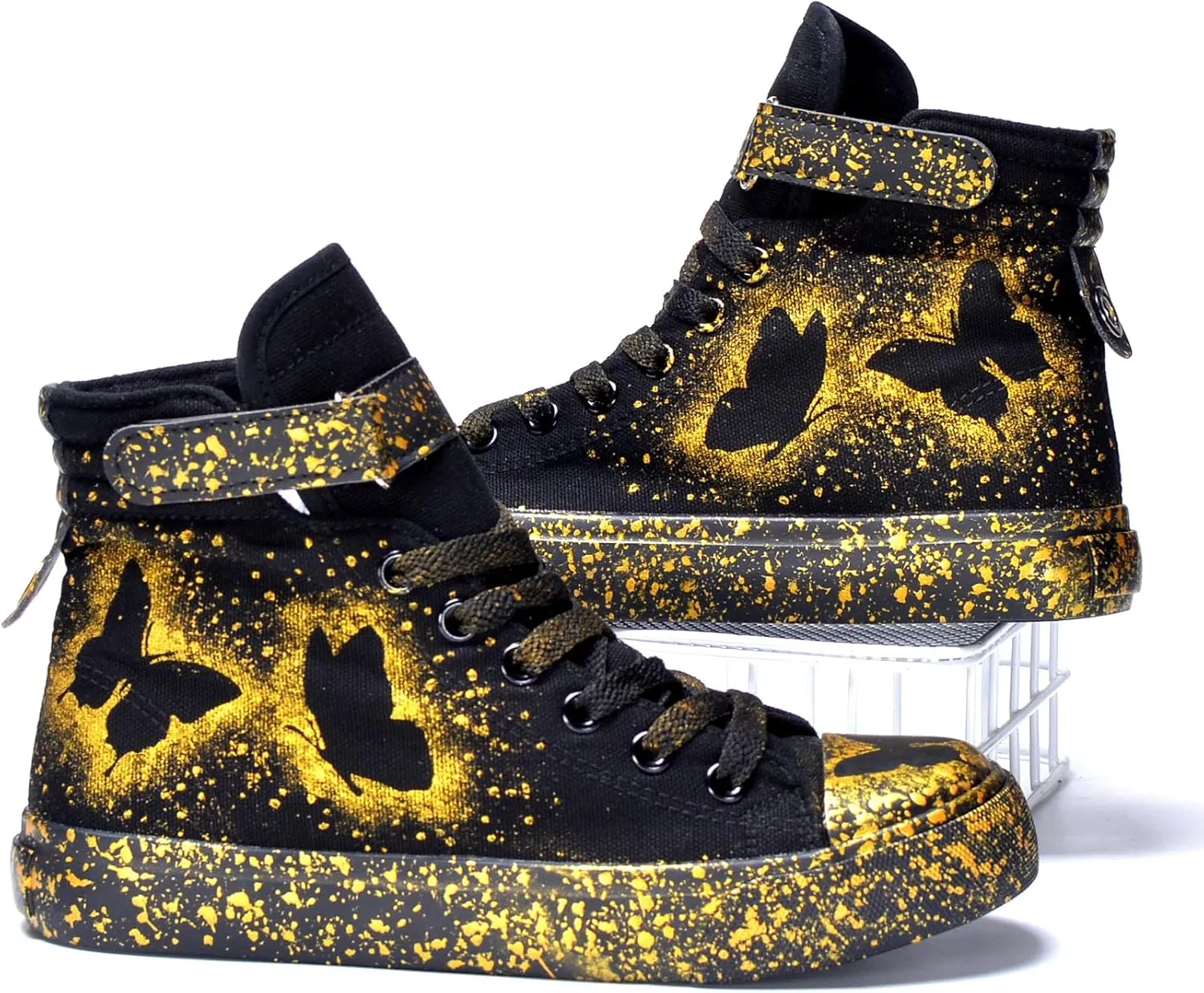 Women's Butterfly Pattern Sneakers Hand-Painted Fashion High Top Casual Lace Up Outdoor Shoes with Hook-and-Loop All-Season Comfort Easy Wear Shoes