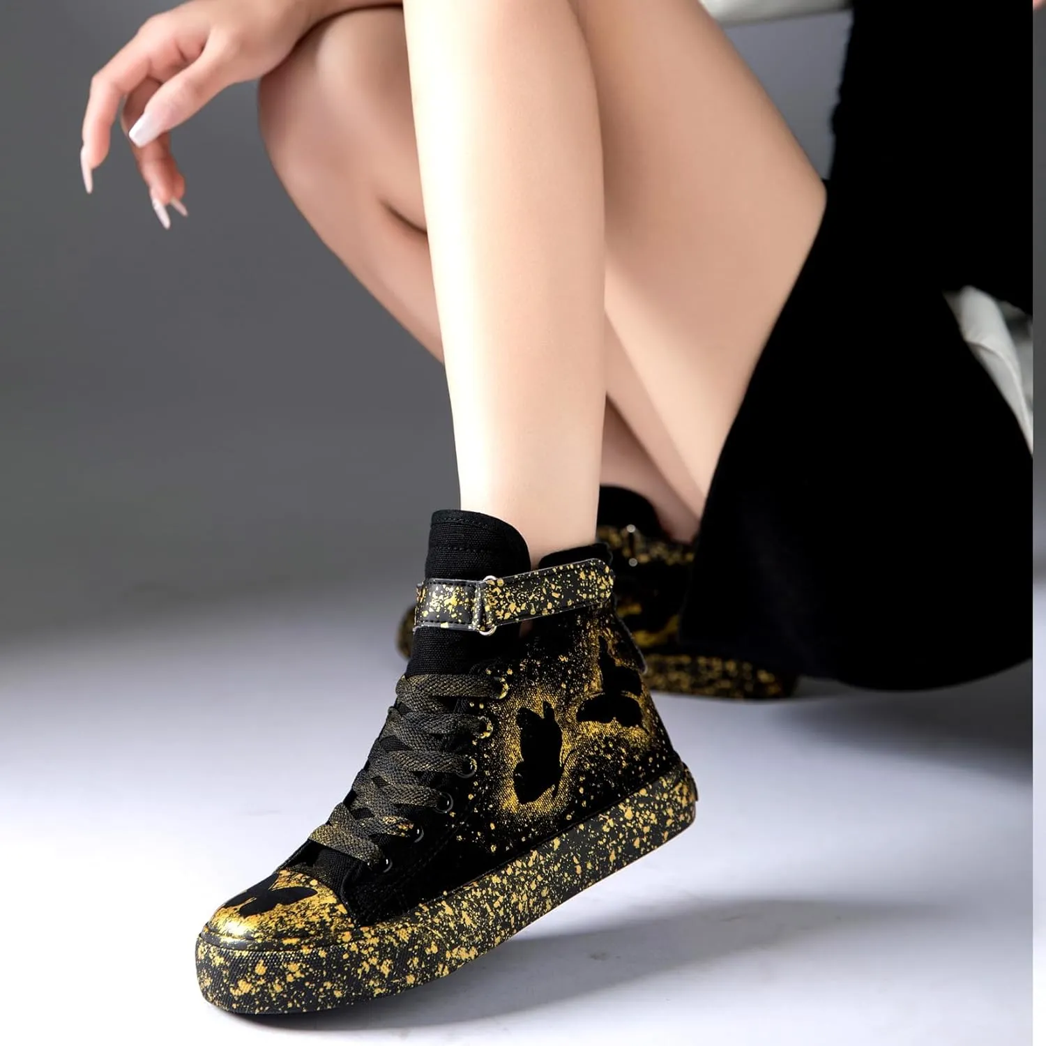 Women's Butterfly Pattern Sneakers Hand-Painted Fashion High Top Casual Lace Up Outdoor Shoes with Hook-and-Loop All-Season Comfort Easy Wear Shoes