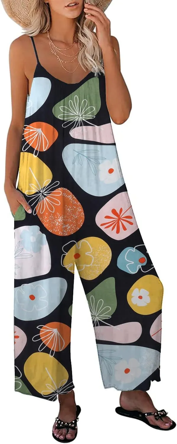 Womens Casual Loose Sleeveless Bohemian Beach Jumpsuits Spaghetti Strap Wide Leg Rompers with Pockets LTK