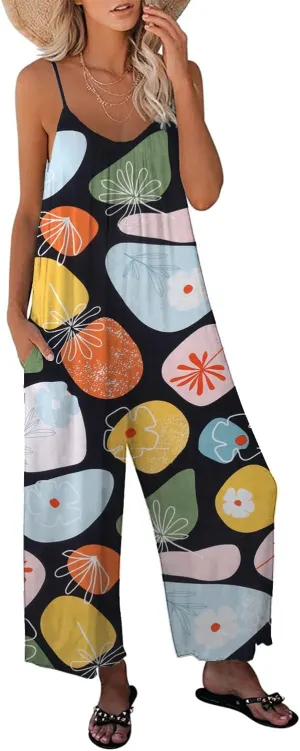 Womens Casual Loose Sleeveless Bohemian Beach Jumpsuits Spaghetti Strap Wide Leg Rompers with Pockets LTK