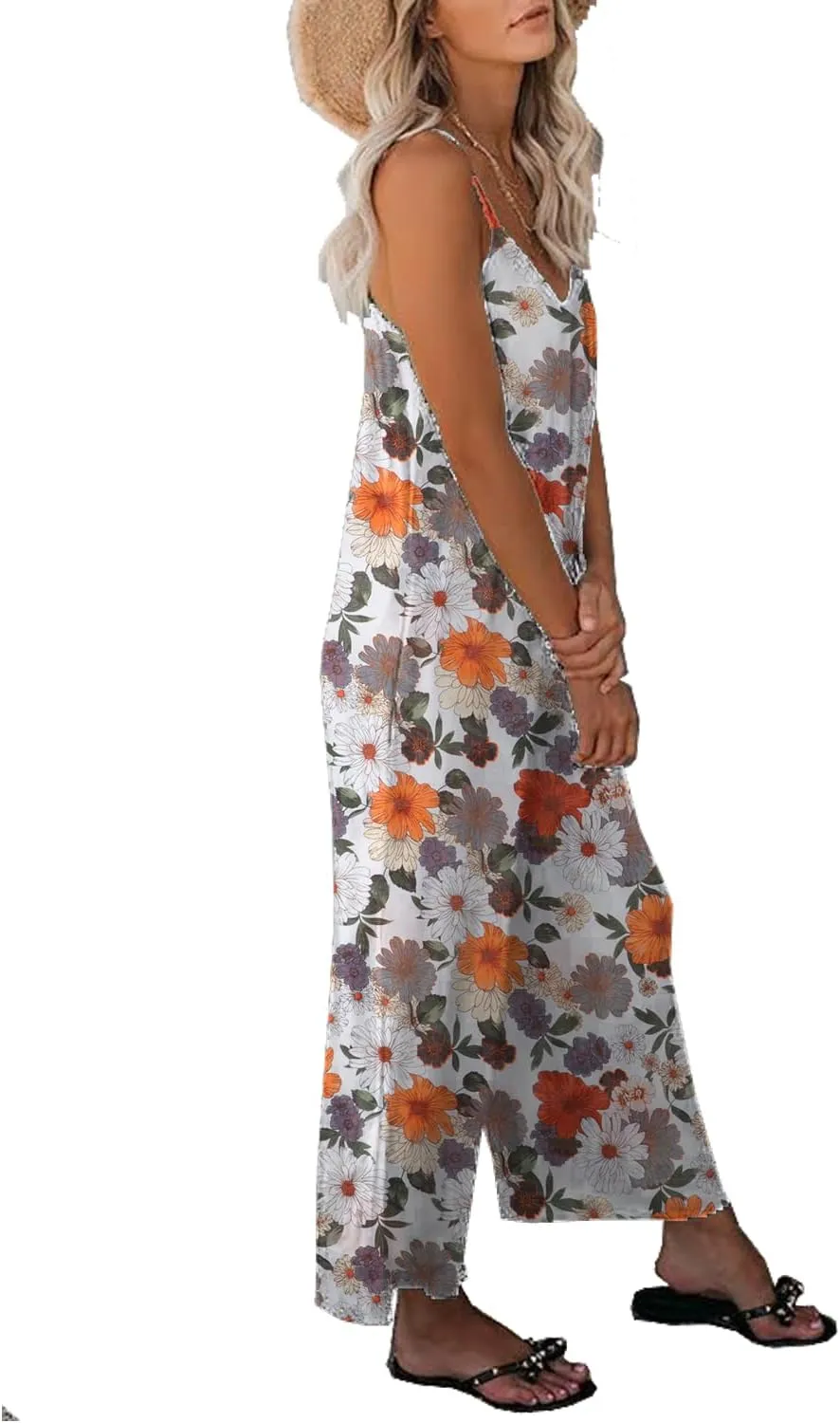 Womens Casual Loose Sleeveless Bohemian Beach Jumpsuits Spaghetti Strap Wide Leg Rompers with Pockets LTK