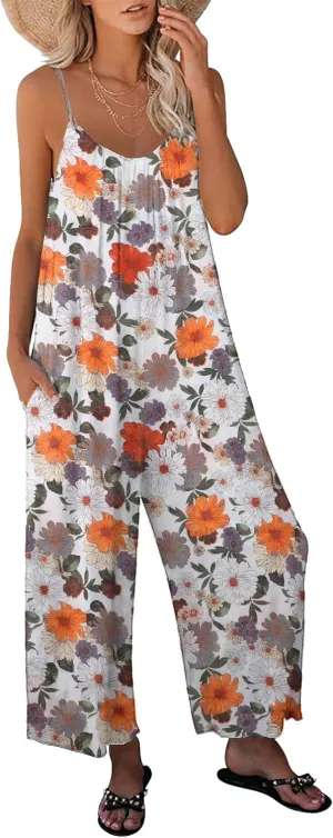 Womens Casual Loose Sleeveless Bohemian Beach Jumpsuits Spaghetti Strap Wide Leg Rompers with Pockets LTK