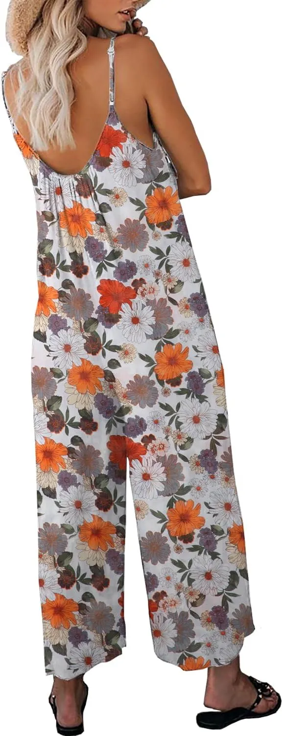 Womens Casual Loose Sleeveless Bohemian Beach Jumpsuits Spaghetti Strap Wide Leg Rompers with Pockets LTK