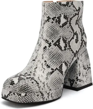 Women's Chequered Ankle Boots Artificial Snakeskin Block Chunky Heeled Booties With Side Zipper Fashion Winter Boots