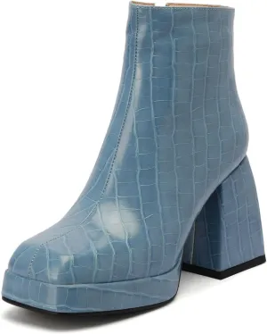 Women's Chequered Ankle Boots Artificial Snakeskin Block Chunky Heeled Booties With Side Zipper Fashion Winter Boots