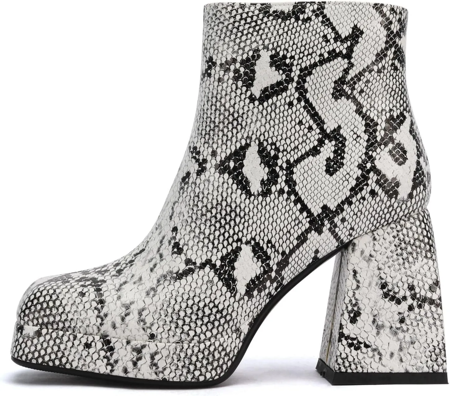 Women's Chequered Ankle Boots Artificial Snakeskin Block Chunky Heeled Booties With Side Zipper Fashion Winter Boots