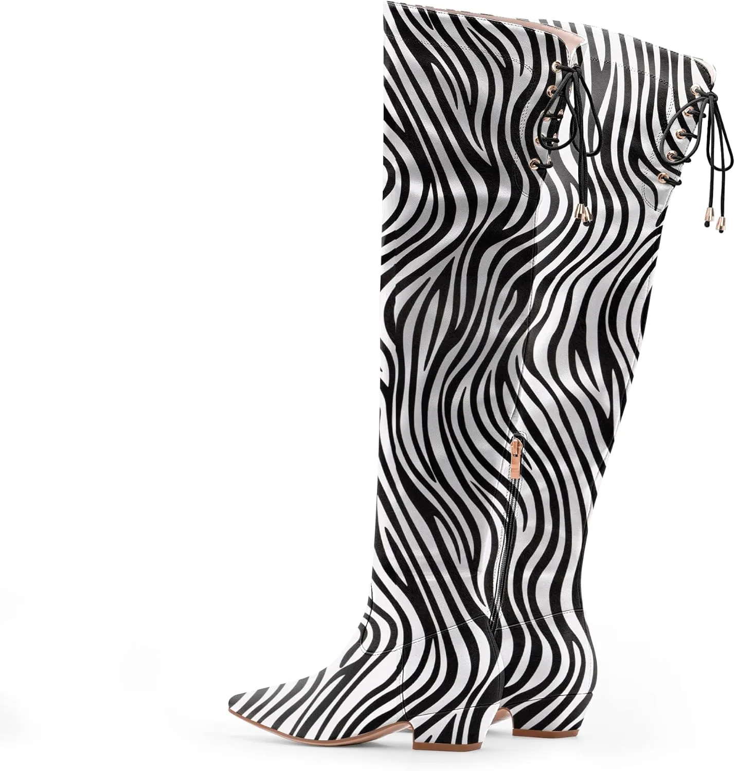 Women's Chunky Heel Thigh High Boots Closed Toe Side Zipper Lace Up Over The Knee Boots