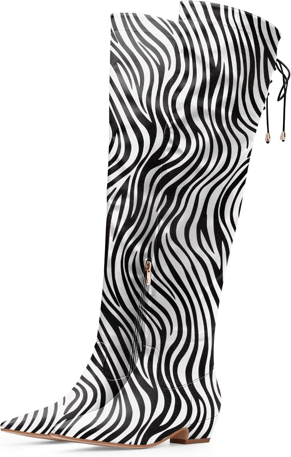 Women's Chunky Heel Thigh High Boots Closed Toe Side Zipper Lace Up Over The Knee Boots