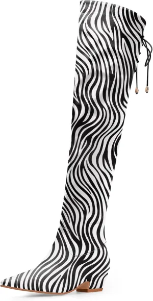 Women's Chunky Heel Thigh High Boots Closed Toe Side Zipper Lace Up Over The Knee Boots