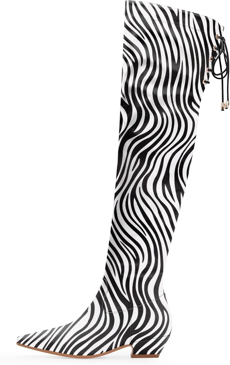 Women's Chunky Heel Thigh High Boots Closed Toe Side Zipper Lace Up Over The Knee Boots