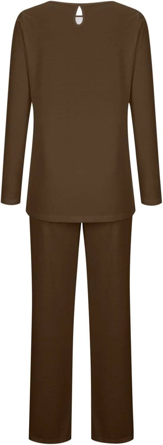 Womens Cotton Pajama Sets Long Sleeve T-Shirt And Pants 2 Piece Lounge Set Fall Loungewear Sleepwear With Pockets