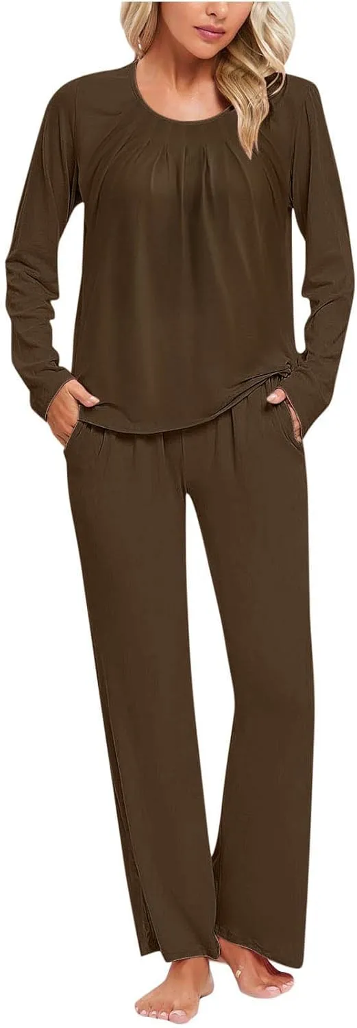 Womens Cotton Pajama Sets Long Sleeve T-Shirt And Pants 2 Piece Lounge Set Fall Loungewear Sleepwear With Pockets