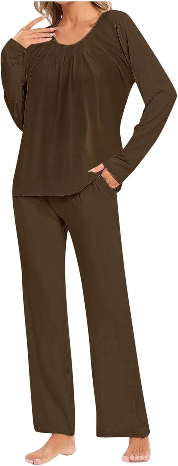 Womens Cotton Pajama Sets Long Sleeve T-Shirt And Pants 2 Piece Lounge Set Fall Loungewear Sleepwear With Pockets