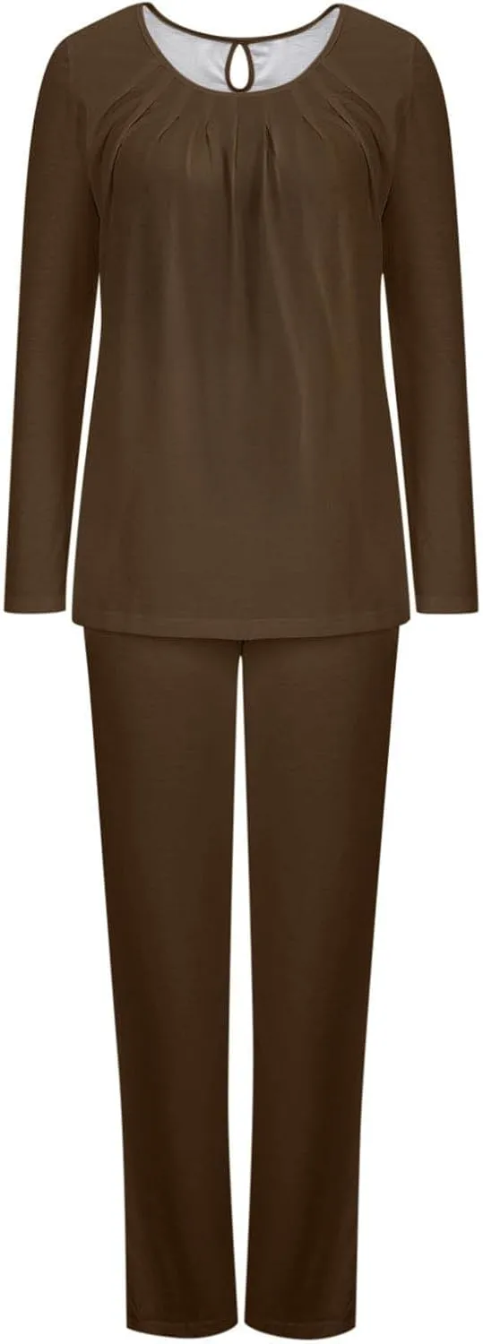 Womens Cotton Pajama Sets Long Sleeve T-Shirt And Pants 2 Piece Lounge Set Fall Loungewear Sleepwear With Pockets