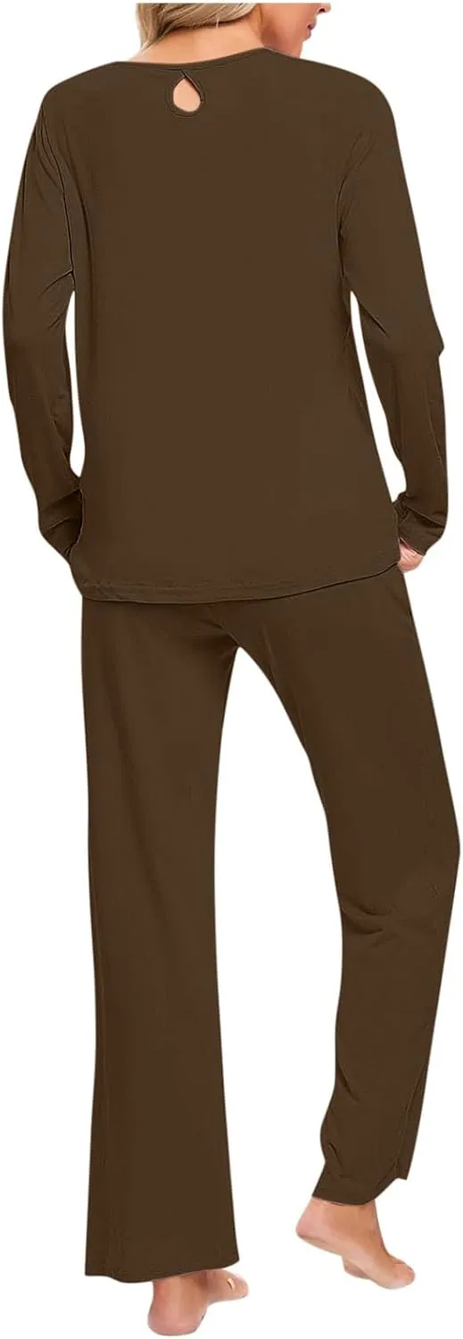 Womens Cotton Pajama Sets Long Sleeve T-Shirt And Pants 2 Piece Lounge Set Fall Loungewear Sleepwear With Pockets
