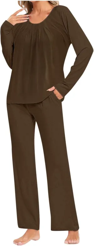 Womens Cotton Pajama Sets Long Sleeve T-Shirt And Pants 2 Piece Lounge Set Fall Loungewear Sleepwear With Pockets