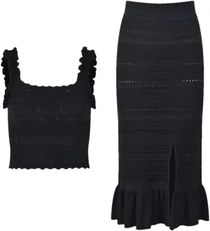 Women's Dress Set Black Lace French Ice Silk Thin Knitted Short Strap Skirt Set
