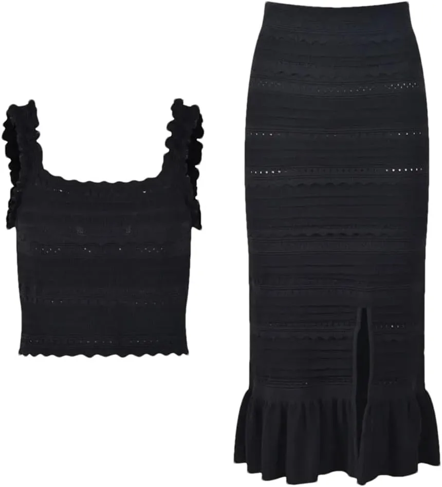 Women's Dress Set Black Lace French Ice Silk Thin Knitted Short Strap Skirt Set