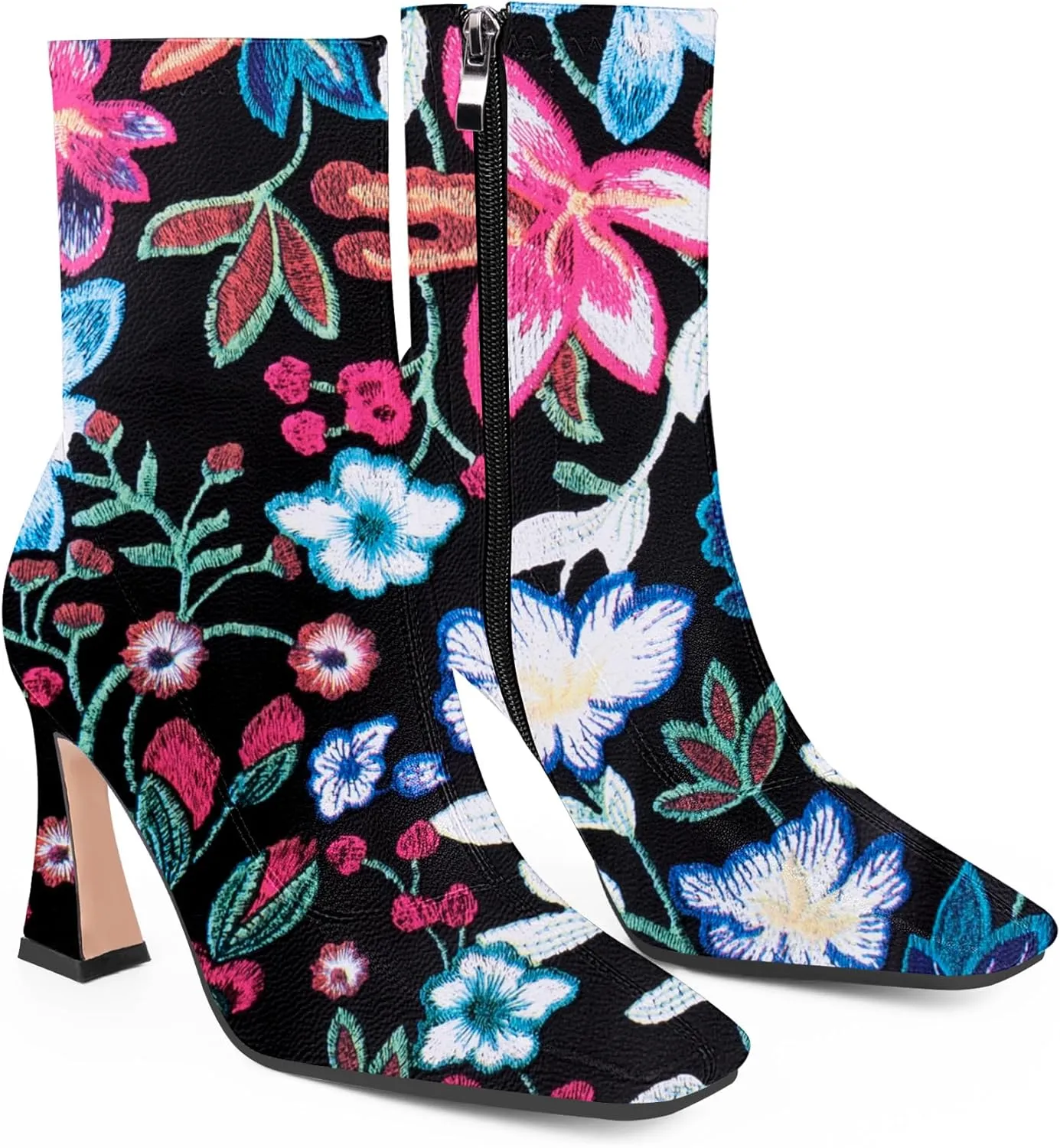 Women's High Heel Fall Ankle Boots Square Toe Side Zipper Dress Booties