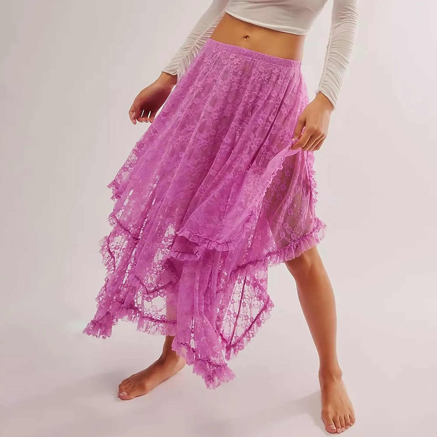 Women's Lace Long Skirt Elastic High Waist Asymmetrical Layered Flowy Maxi Skirt Irregular Hem Beach Boho Skirts