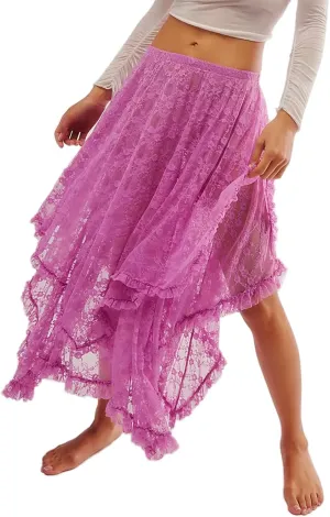 Women's Lace Long Skirt Elastic High Waist Asymmetrical Layered Flowy Maxi Skirt Irregular Hem Beach Boho Skirts
