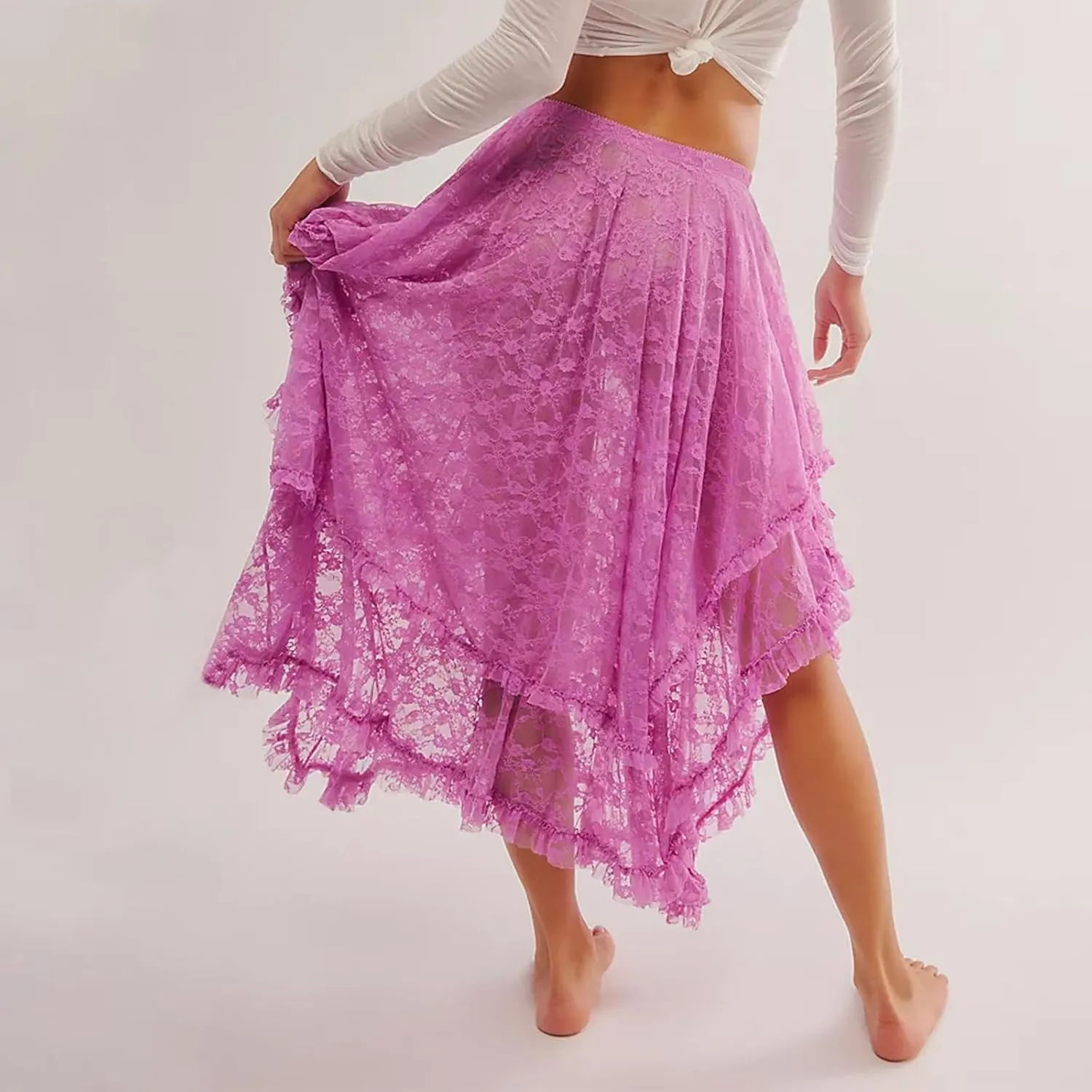 Women's Lace Long Skirt Elastic High Waist Asymmetrical Layered Flowy Maxi Skirt Irregular Hem Beach Boho Skirts